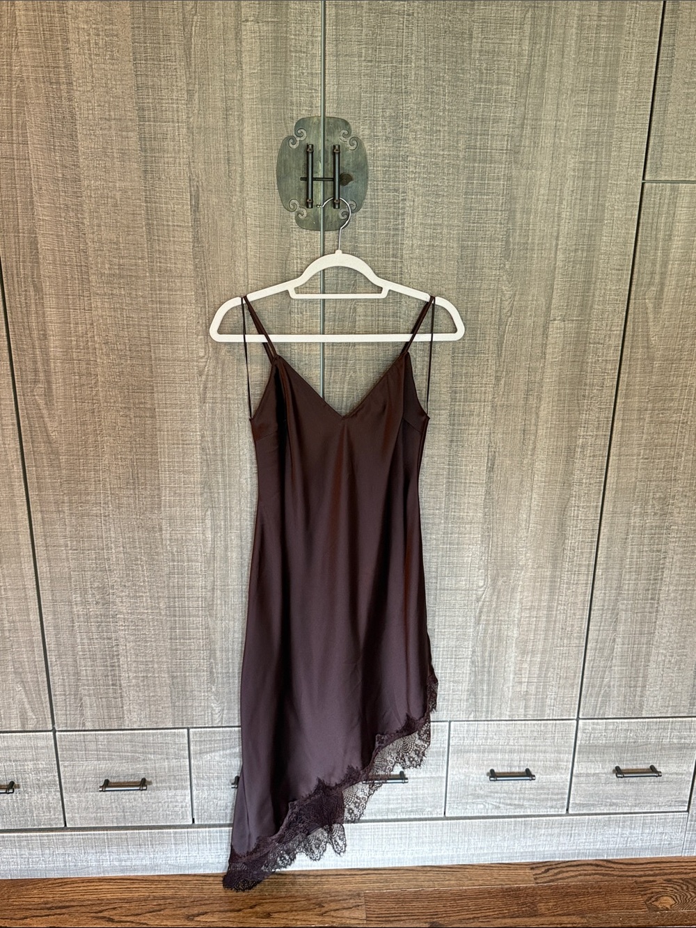 Zara Satin Slip Dress with Lace Hem in Deep Brown - Picture 12 of 17
